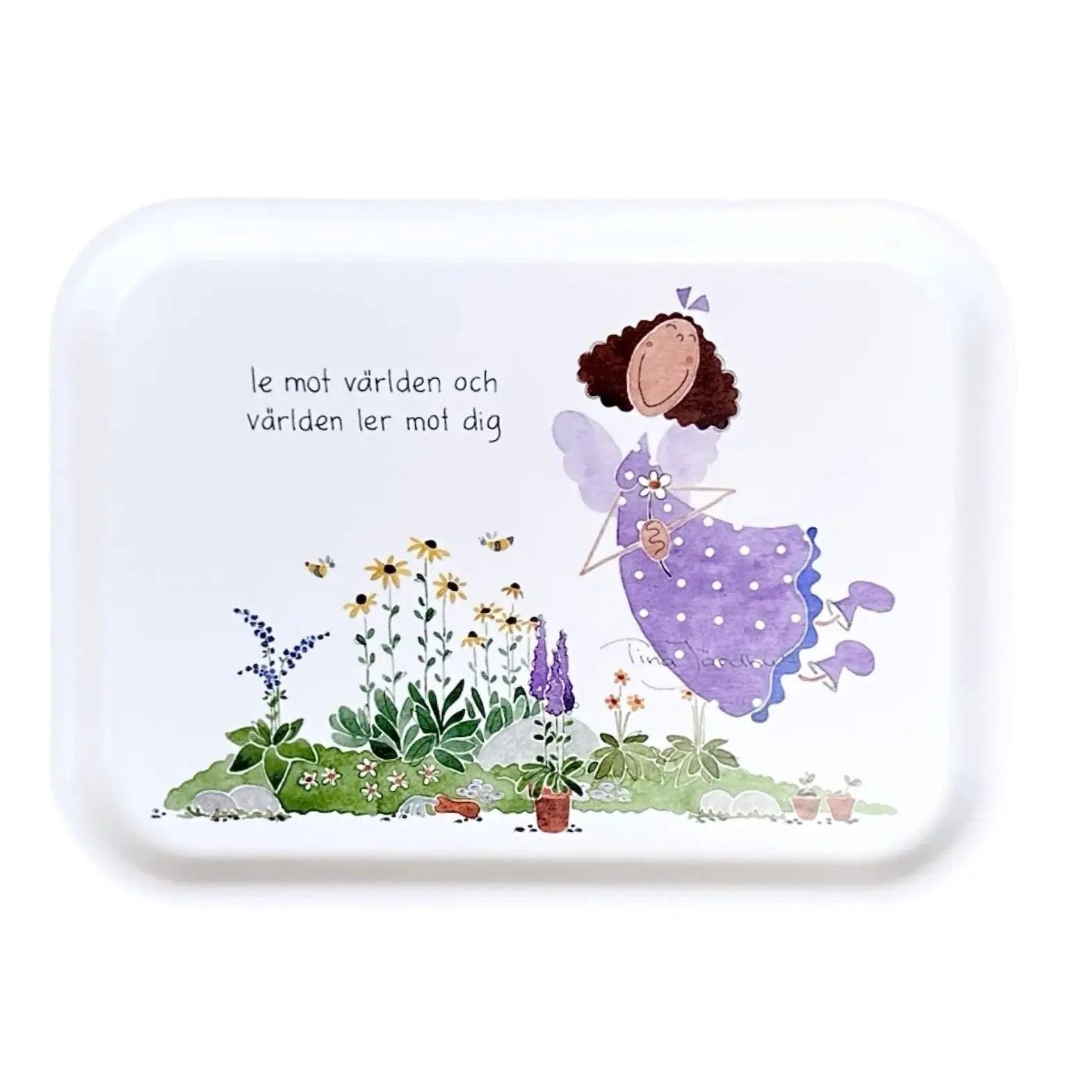 Frukostbricka med bild och text le mot världen