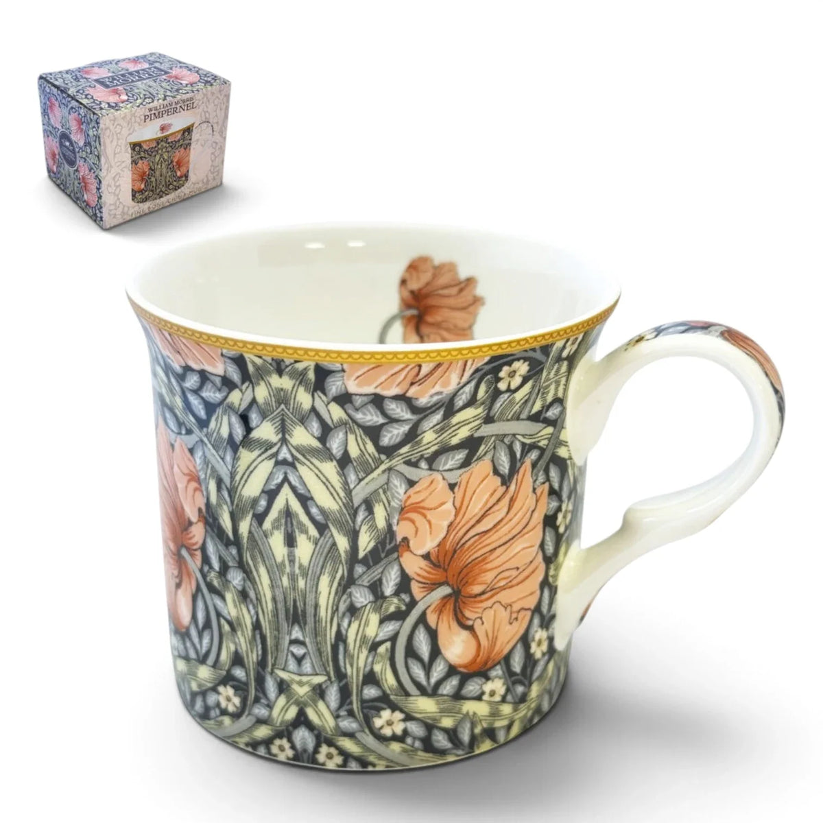 Mugg i benporslin med omtyckta motivet Pimpernel skapat av populära William Morris. 
