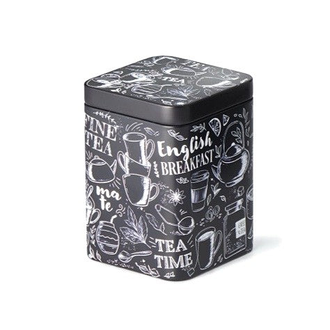 Stilren svart plåtburk text English Breakfast