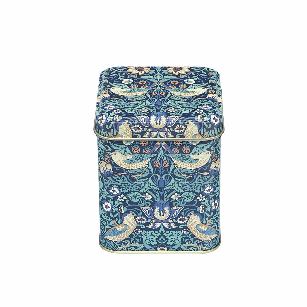 Plåtburk med det kända motivet Strawberry av William Morris. 