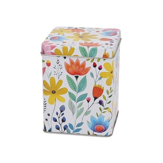 Färgglad plåtburk med blommor. 200gram