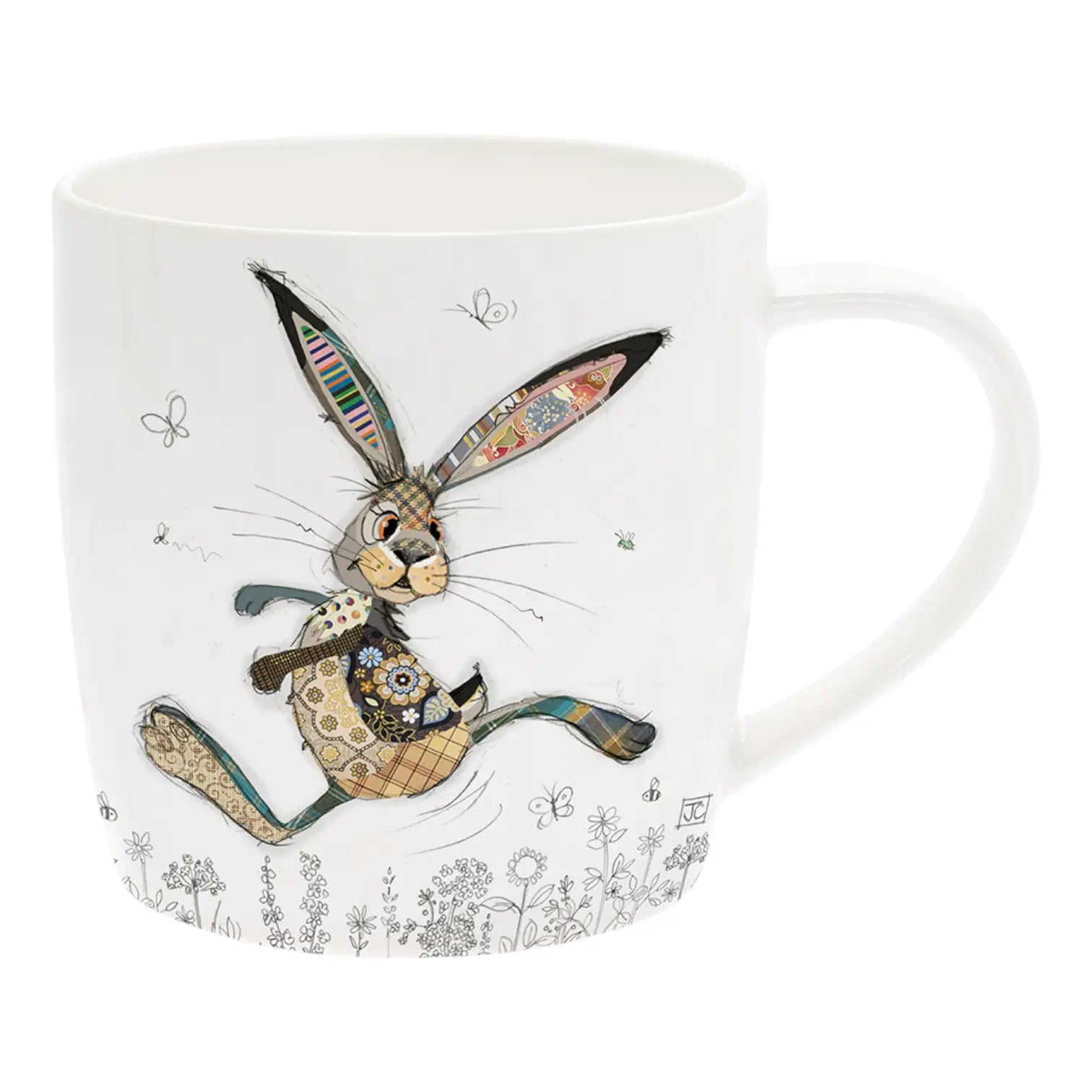 Porslinsmugg med en färgglad hoppande hare