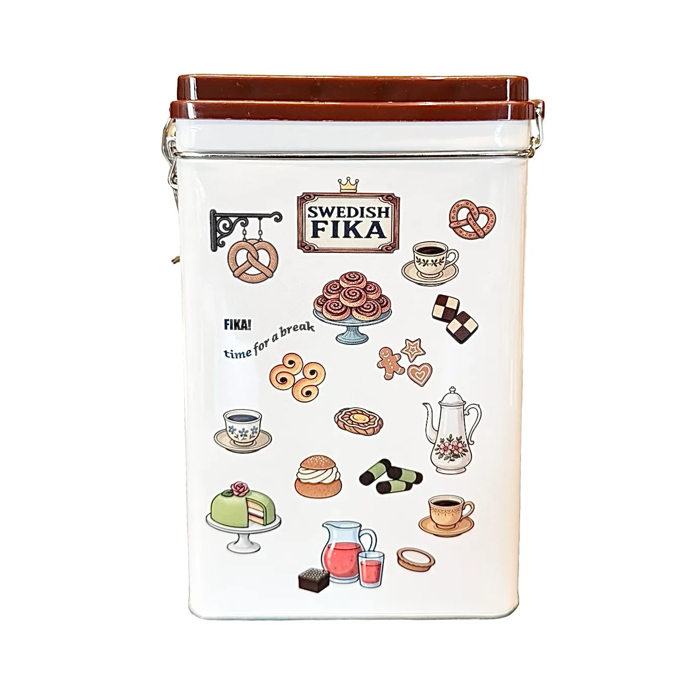 Plåtburk i plåt med knäpplock med tema fika