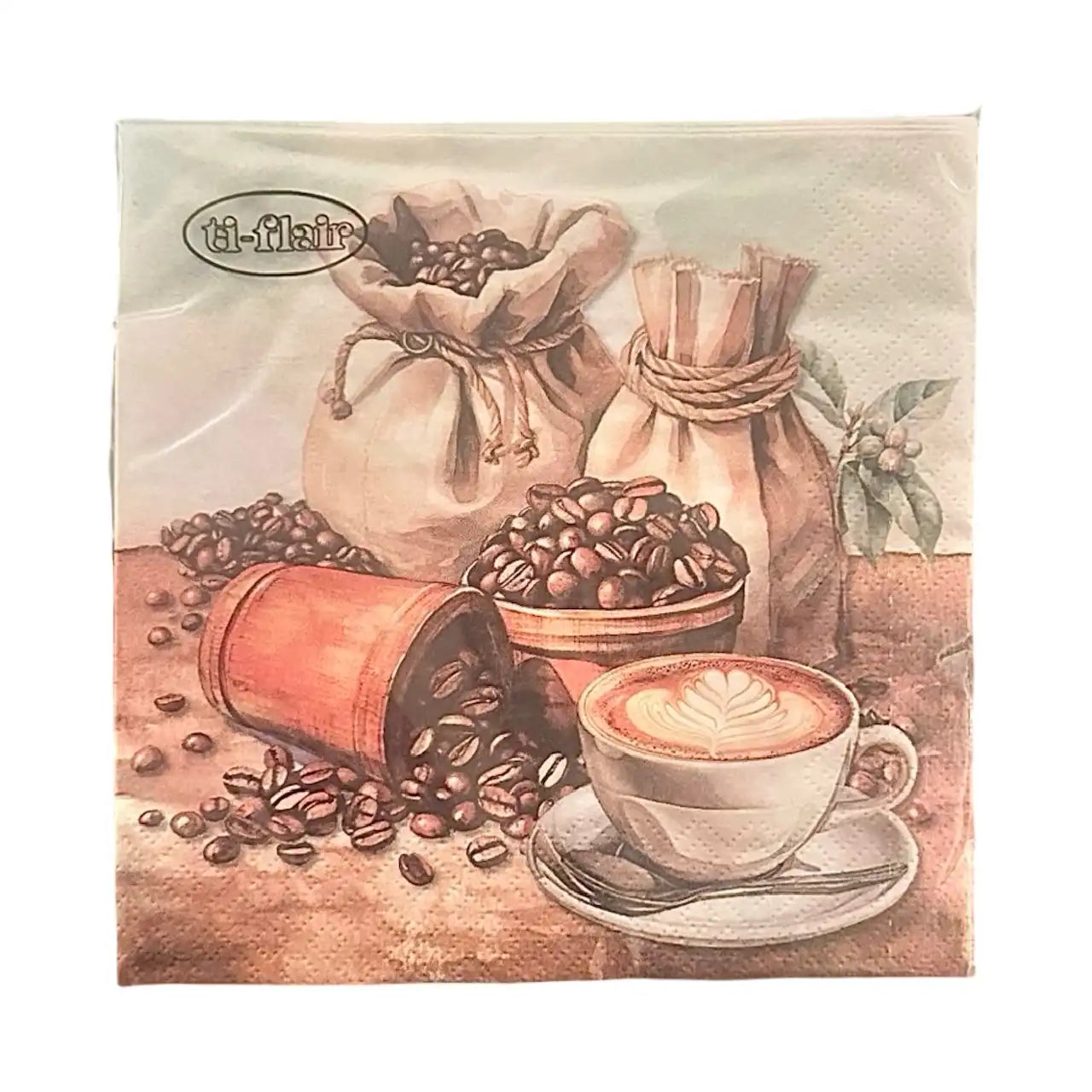 Servett med motiv kaffebönor och kopp cappucciono