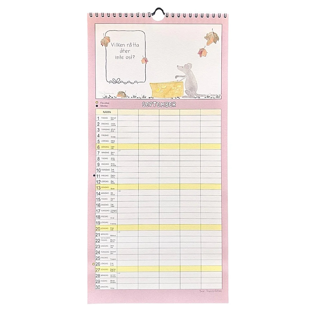 Familjekalender för 2026 med månaden september