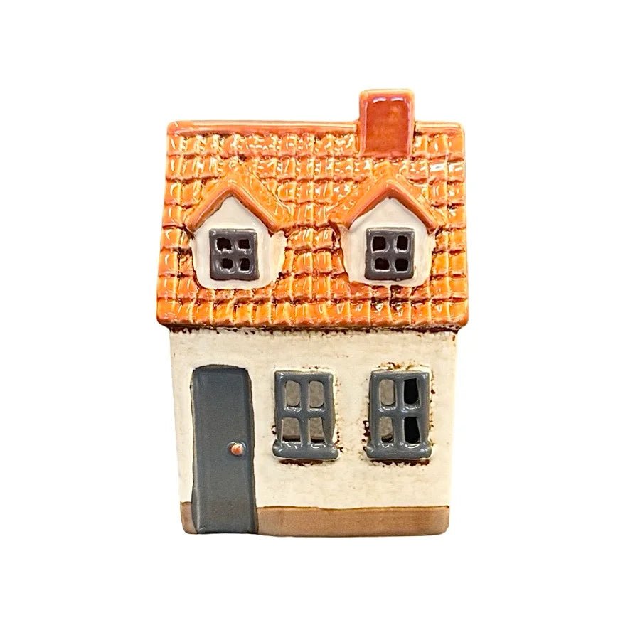 Keramikhus för ljus, beige och blå 15 cm