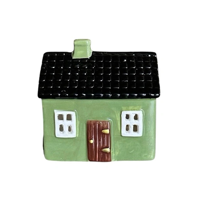 Keramikhus för ljus, grönt med gran 8 cm