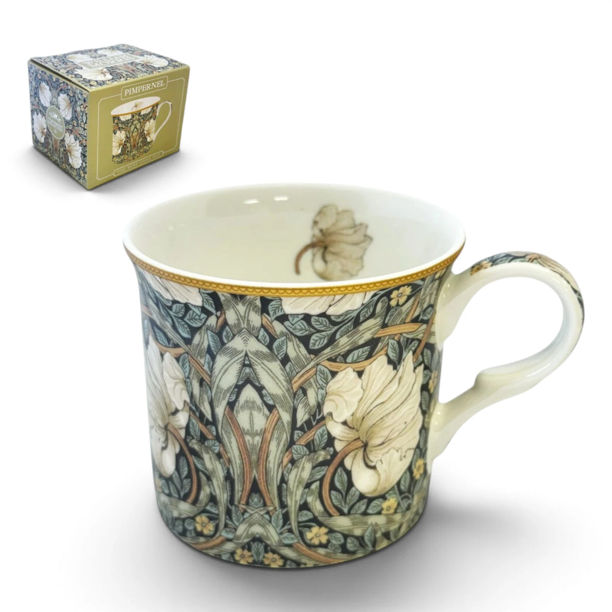 En otroligt fin mugg i benporslin med omtyckta motivet Pimpernel skapat av populära William Morris.