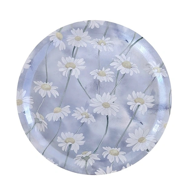 Rund bricka med motiv prästkrage av Åsa-Pia Andersson