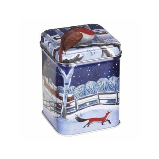 Saker&Smått Emma Bridgewater plåtburk med vintermotiv av rödhake och räv i snöigt landskap