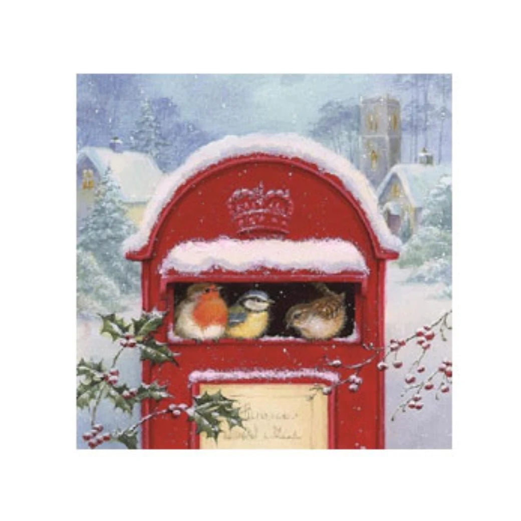 Fikaservett med tre fåglar i en postbox