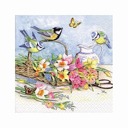 Servett med motiv fåglar och blommor