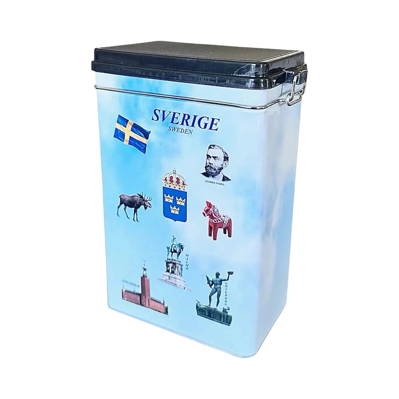 Kaffeburrk i plåt med texten Sverige