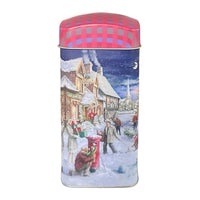 Plåtburk med julmotiv – röd och julig teburk framifrån